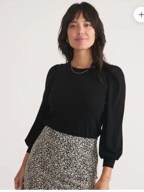 Marine Layer Lexi Ribbed Knit Puff-Sleeve Top Crew Neck Tencel Blend Black